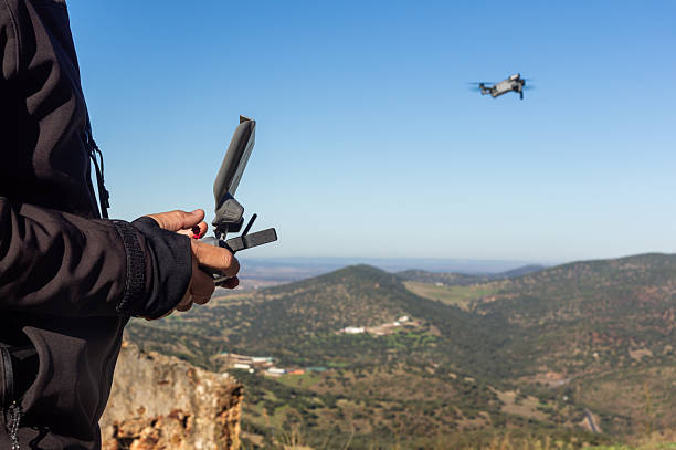istock Drone Piloting: Hands Holding the Controller, with a Blurred Green Landscape and a Drone in the Blue Sky Background. 2247904620