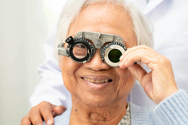 istock Optometrist checking Asian elderly woman ophthalmic vision eye test and using optical trial frame. 2247905773