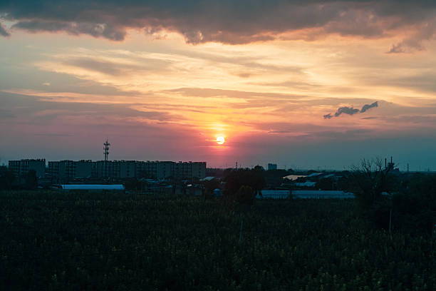 sunset above the farmland at dusk