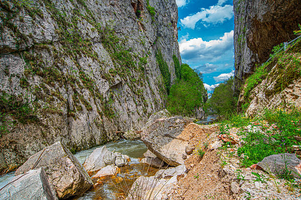 The Jerma River flows between towering canyon walls covered in greenery, with large fallen boulders, loose rocky soil, scattered plants, and a bright blue sky filled with clouds above.