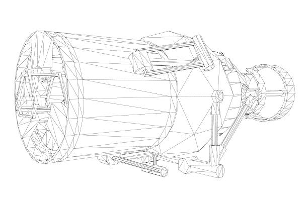 istock A 3D wireframe model of the Damocle phase telescope, featuring a cylindrical body, pointed end, side handle, visible antennae, and detailed lens components on a white layer. 2247913079