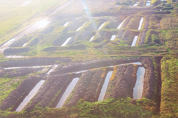 Aerial view of parallel trenches dug into an earthy, grassy landscape. Deep land cuts are partially filled with water and appear to be part of an excavation or agricultural process for irrigation