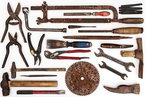 istock Flat lay of old hand tools on white background. 2247923788
