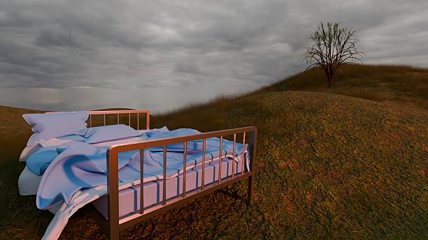3d render of sloopy, unmade bed in empty field with cloudy sky
