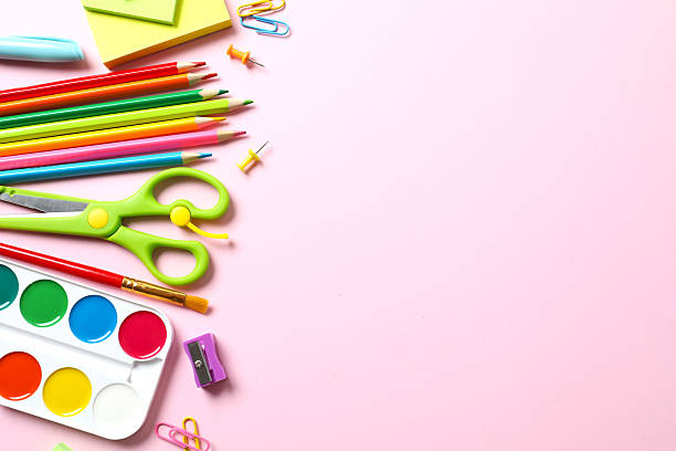 istock Flat lay with school stationery on pink background, top view 2247924320