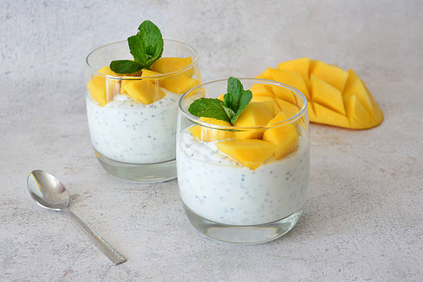istock Chia Pudding with Fresh diced Mango fruit and decorated with Mint leaves 2247929899