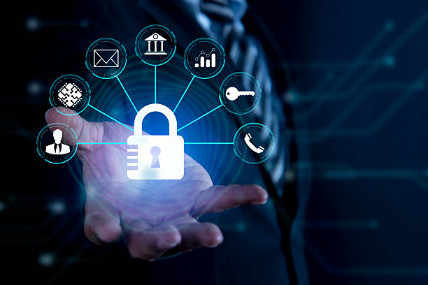 istock Businessman holding padlock and internet security icons in hand on global networking connection, Data protection and network security, 2247930335
