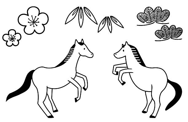 An illustration featuring facing horses and a line drawing of pine, bamboo, and plum.