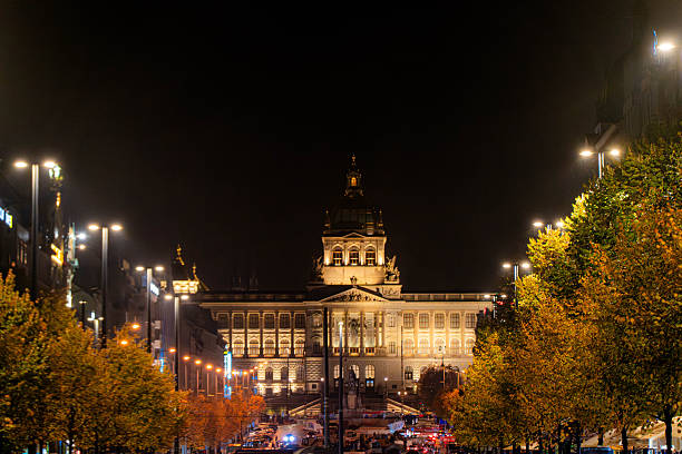 View of the National Museum building in Prague at night