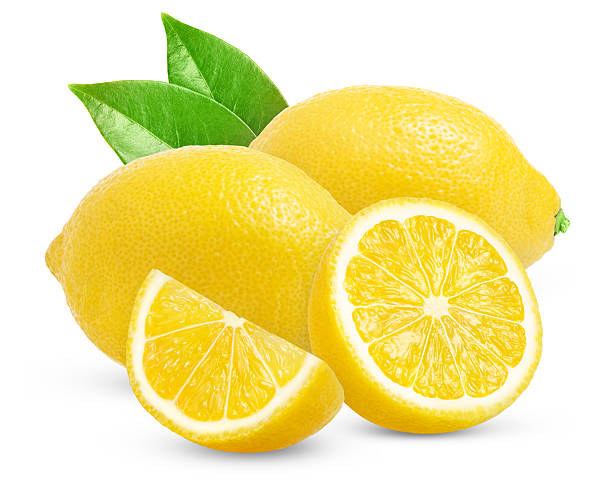 istock Lemons isolated over white. Lemon fruit whole and a half and a slice with green leaves. Side view on white background. 2247936133