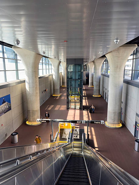 Modern ferry wharf platform ceiling, white background with copy space, full frame horizontal composition