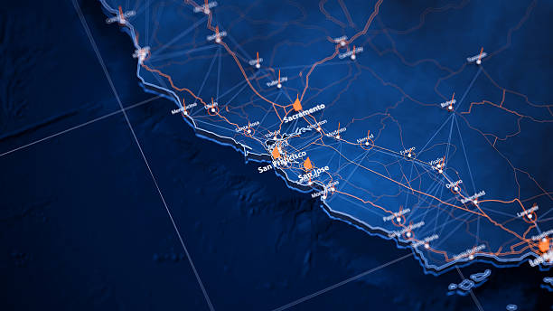 San Francisco map big data visualization. Futuristic map infographic of city in USA. Visual map data complexity in modern blue and orange colors.