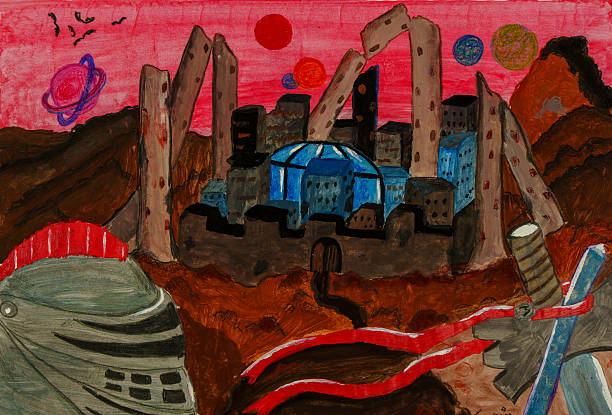 istock Surreal Alien City Ruins With Blue Dome, Red Landscape, And Jagged Towers Under Pink Sky 2247941496