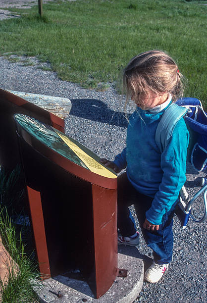 Glacier NP - Girl Inspects Trail Marker - 1989