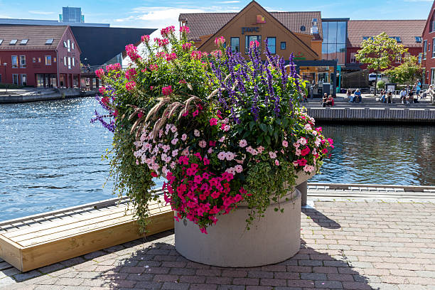 Garden planter with flowers and US flag for American holidays