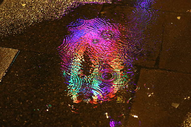 Colourful lights reflected in puddles on a street at night