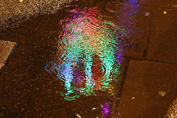 Colourful lights reflected in puddles on a street at night