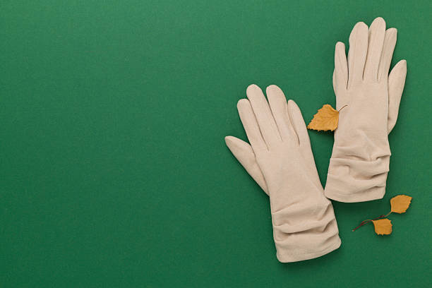 istock Beige gloves on color background, top view 2247955823