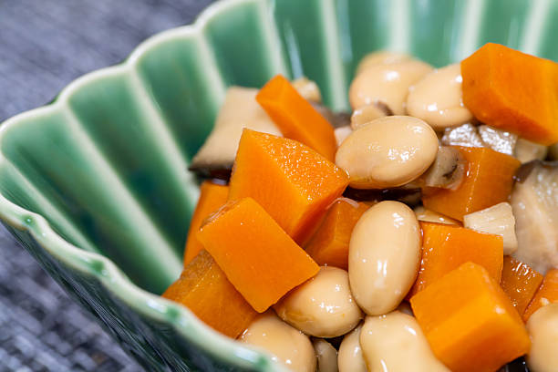 Macro shot of soybeans and vegetables side dish