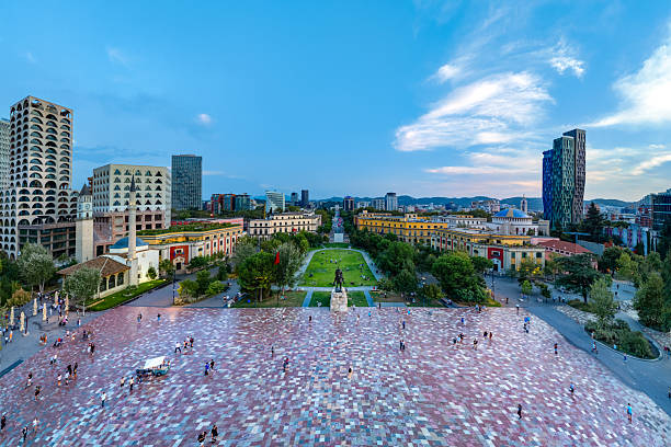 Aerial view of Tirana, Scanderbeg Square, Albanian capital