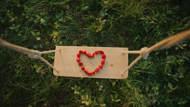 Overhead view of red stones carefully arranged in a heart shape on a wooden swing seat, surrounded by lush green grass. The natural setting adds a serene and thoughtful touch to the scene.
