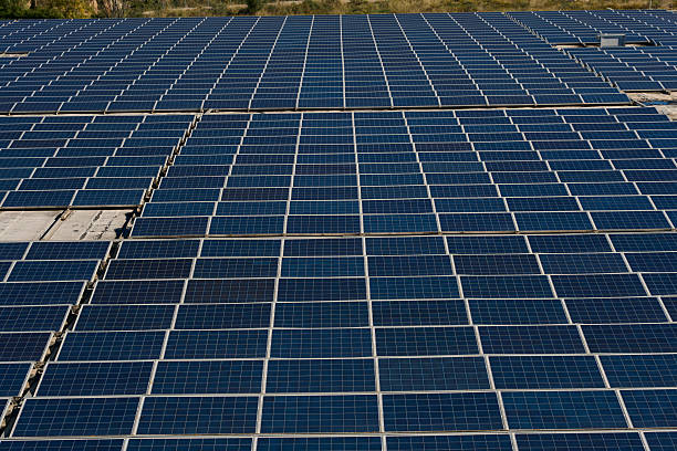 Large solar farm with photovoltaic panels generating clean, renewable electricity, showing sustainable power production technology