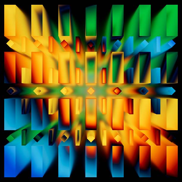 Yellow and green neon prisms create an intricate radiating grid. Bold design and contrasting color add energy and depth. 3D render illustration.