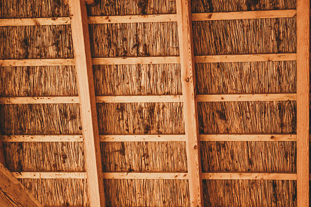 Dense straw thatch roofing supported by evenly spaced vertical wooden beams.