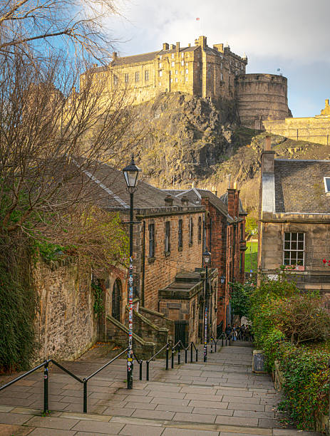 Edinburgh, Scotland - 14th Nov 2025: Edinburgh Castle viewed from the steps of the Vennel, near the Grassmarket. Home to kings and queens for many centuries, Edinburgh Castle was built in 1103 AD, although records from the 7th century indicate a fortress on Castle Rock where it now stands. It is one of the oldest fortified places in Europe.