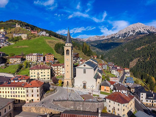 Candide from drone, Dolomites alps town