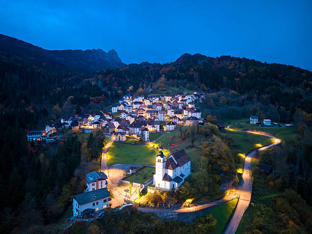 Aerial view of Rigolato, Dolomites alps in Friuli