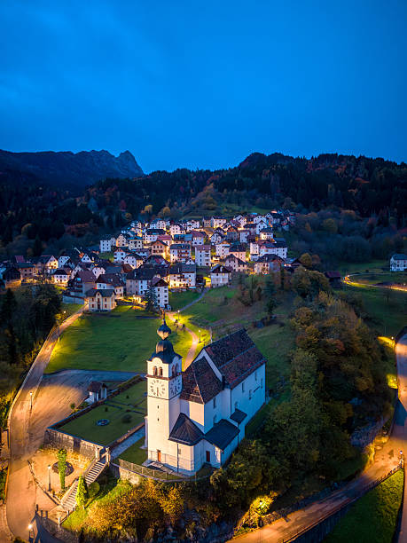 Aerial view of Rigolato, Dolomites alps in Friuli