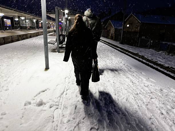 Winter commuter scene captured on November 20 at a suburban station near Copenhagen, showing two people walking together along a snow-covered platform while an S-train pulls away into the snowy evening. Falling snow, twilight glow, and urban rail surroundings evoke themes of companionship, Nordic winter, public transportation, seasonal travel, and quiet everyday moments in cold weather. Ideal for concepts of commuting, departure, winter ambiance, and Scandinavian city life.