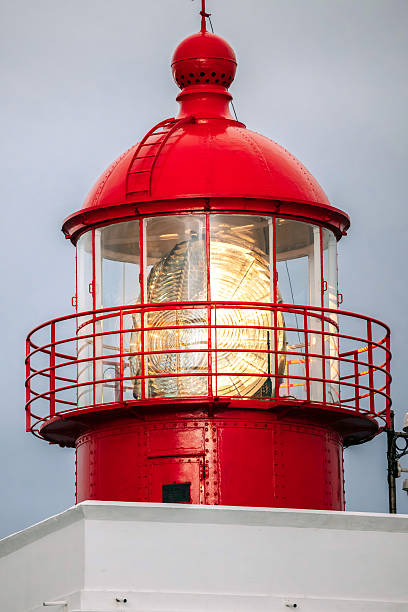 Red lighthouse with a glass lantern, standing tall against a cloudy sky