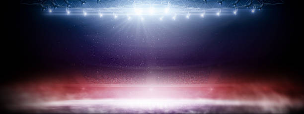 istock Beautiful podium with red smoke, blue spotlight and glitter on dark background. 3D rendering. Winter background. Blue ice floor texture and mist. Snow and ice background. Lights sport 2247995336