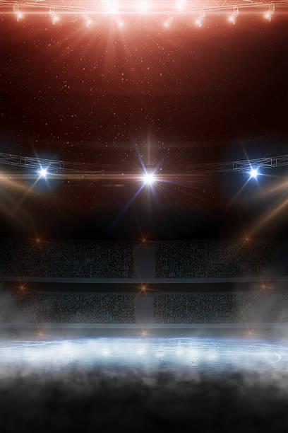 istock Red background. Vertical. Stage podium with red spotlights, smoke, and glitter on a dark background. Theatrical performance and awards ceremony concept. Sports backdrop 2247995348