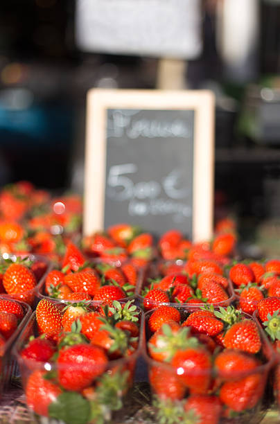 Paris, France: Boxes Strawberries at Sunny Market, Price on Chalkboard