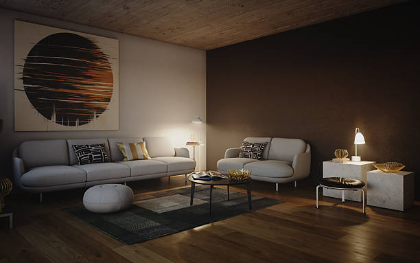 istock Scandinavian Living Room at Night with Warm Lamp Lighting 2247997546