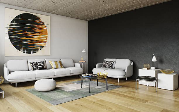 istock Scandinavian Living Room with Black Accent Wall and Minimalist Sofas 2247997547