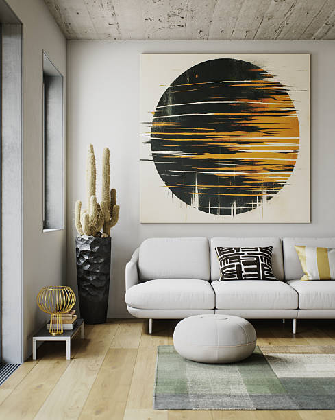 istock Scandinavian Living Room Corner with Abstract Wall Art and Cactus 2247997552