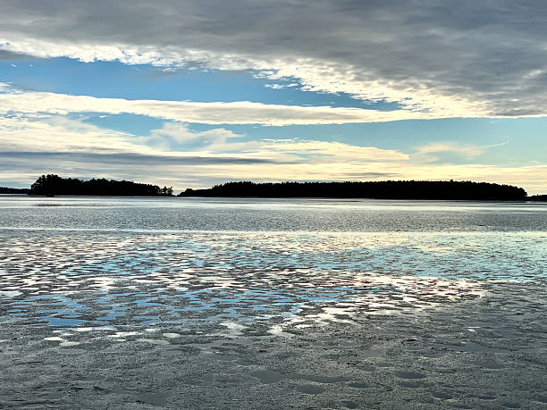 EXWS low tide in Middle Bay, Maine with clouds and blue sky reflected in tide pools