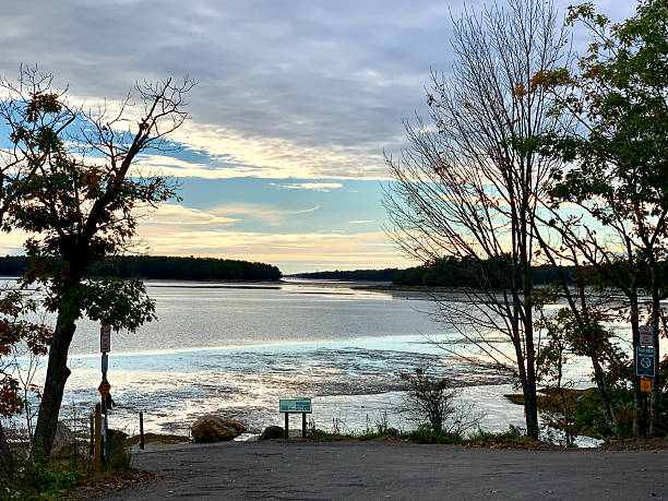 WS Simpson's Point framed by trees, Brunswick, Maine at sunset