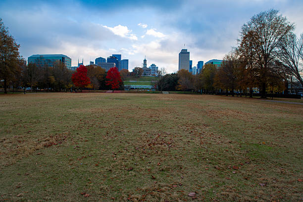 View of Nashville's state capitol and skyline from Bicentennial Capitol Mall State Park on a fall day.