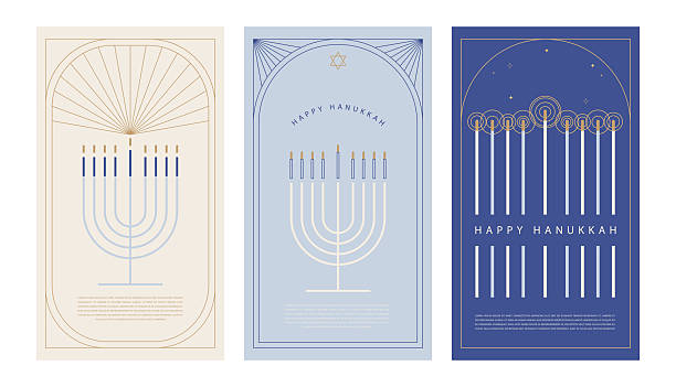 Happy Hanukkah postcard and banners. Composition of simple traditional jewish Menora s in minimalist style. Art Deco frames minimalist collection. Elegant luxury borders and frames.