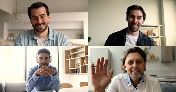 istock Collage of four men having video call at home 2248025505