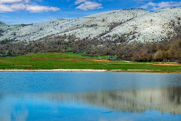 Mountain lake in Italy in a vast nature reserve in the Lazio region of central Italy.