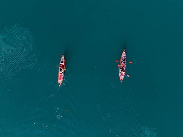 Aerial drone view of two kayaks in Norway