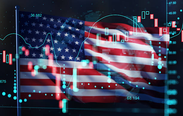 istock Double exposure of American flag and financial chart with data visualization overlay representing economic growth and market trends in the USA concept. 3D Rendering 2248033667