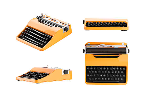 Classic orange typewriter shown from four different angles, retro style design on white background. Creative concept for vintage communication. 3D Rendering
