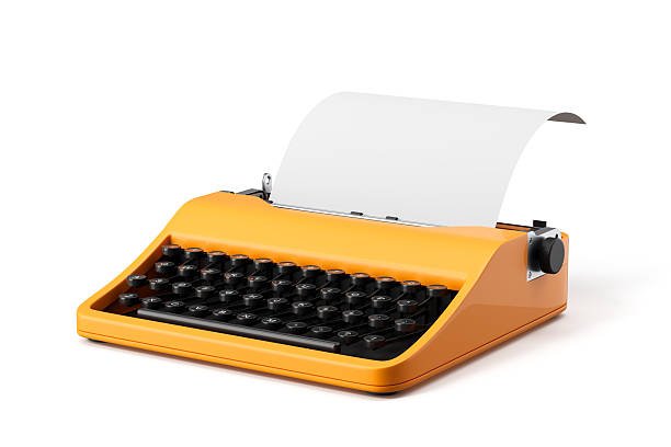 Vintage orange typewriter with blank paper, realistic 3D Rendering style, isolated on white background. Concept of creative writing and retro design